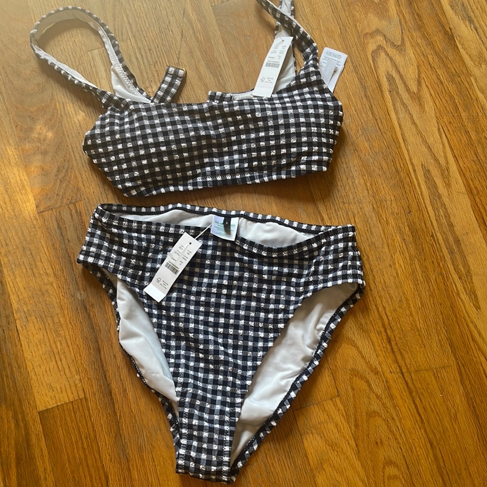 NWT JCrew 2 piece swimsuit size s top and high waisted bottom. Navy blue gingham